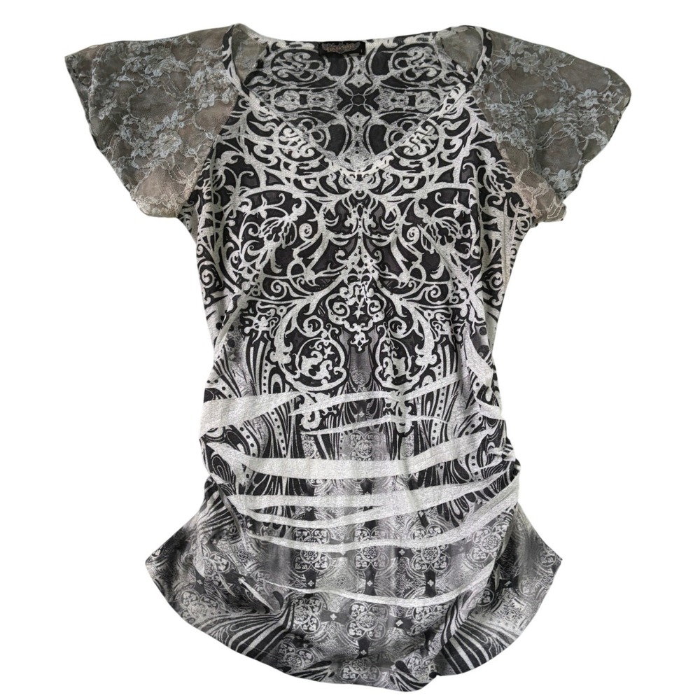 Y2K Vanilla Sugar Womens Black White‎ Damask Ruched Top Lace Flutter Sleeve S